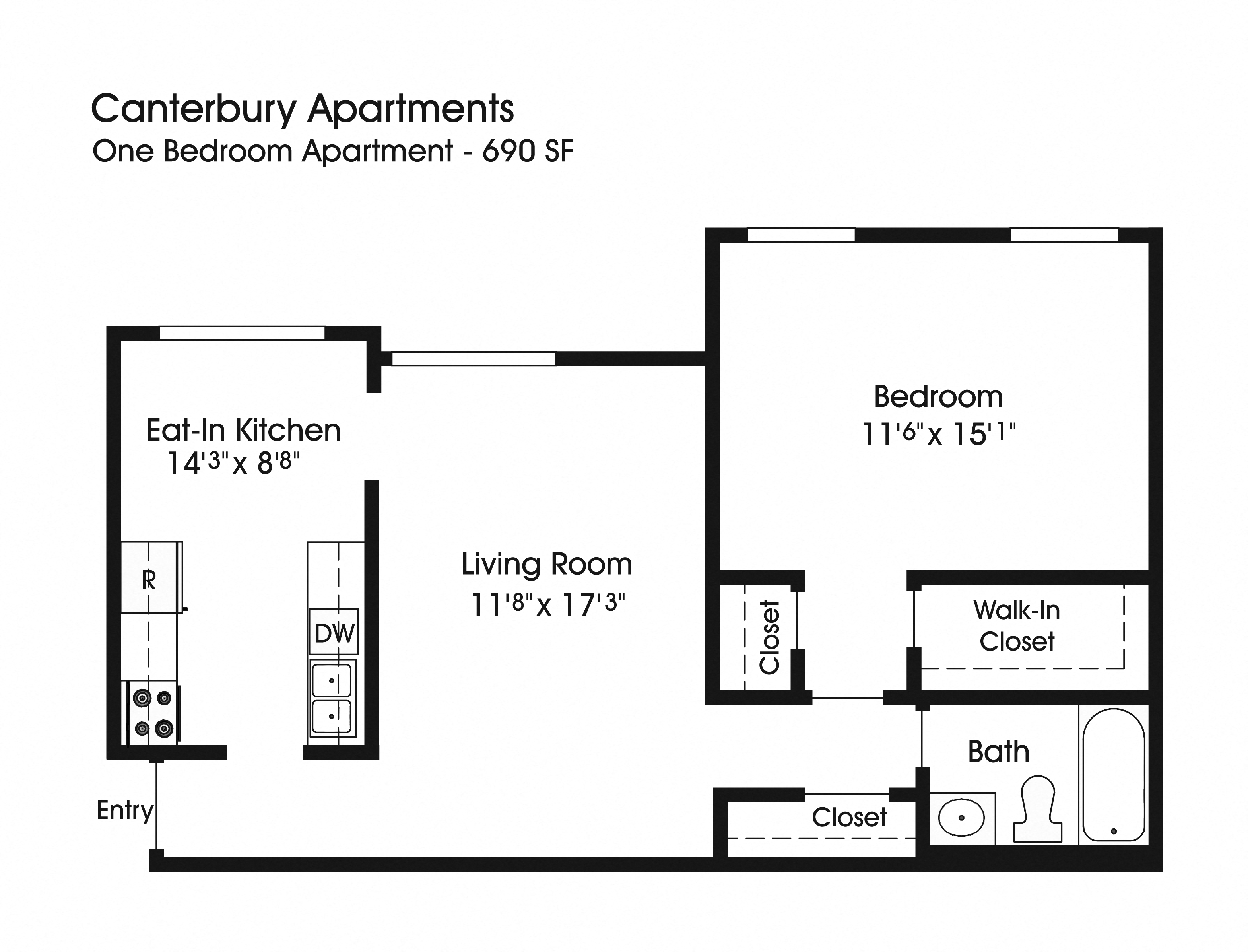 Floor plan for 1 bed, 1 bath, 690 sqft